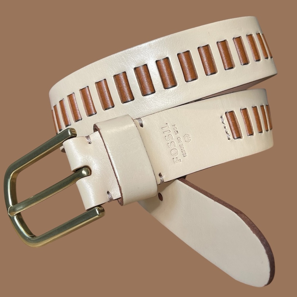 Fossil Leather Belt Cream and Cognac Brown Laced Festival Size S - Picture 3 of 17